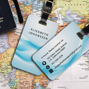 Moderne Abstracte Aquarel Lichtblauwe Witte Golven Bagagelabel