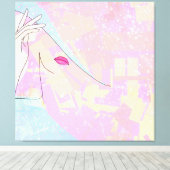 Moderne Abstracte Art Vrouw Face Hand Line Art Roz Canvas Afdruk (Insitu (Houten vloer))