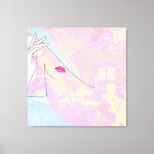 Moderne Abstracte Art Vrouw Face Hand Line Art Roz Canvas Afdruk