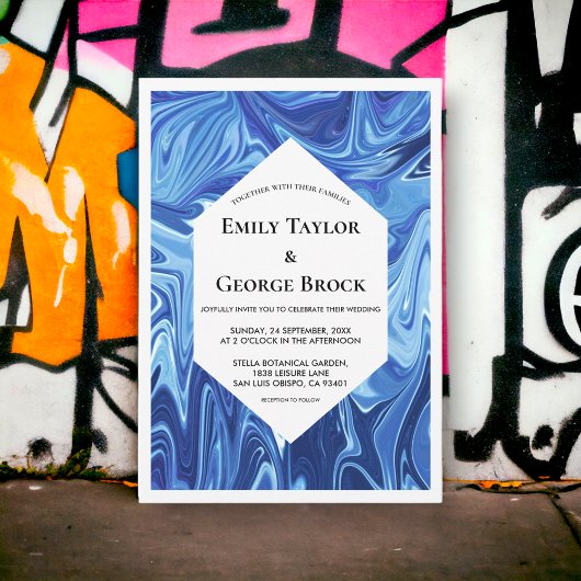 Moderne Abstracte blauwe olieverf Minimale bruilof Kaart