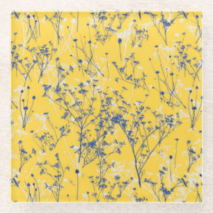 Moderne Abstracte blauwe wilde bloemen op mosterdg Glazen Onderzetter