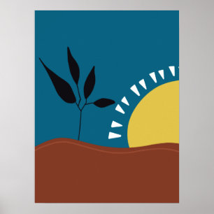 Moderne abstracte blauwe zon minimalistische kunst poster