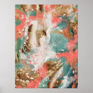 Moderne Abstracte, Blauwgroen Corale Gold White Ar Poster