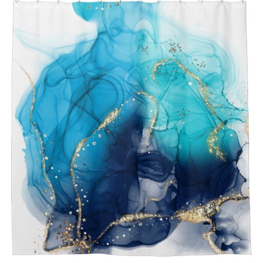 Moderne Abstracte Blauwgroen en blauwe verf Douchegordijn (Voorkant)