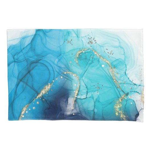 Moderne Abstracte Blauwgroen en blauwe verf Kussensloop (Voorkant)