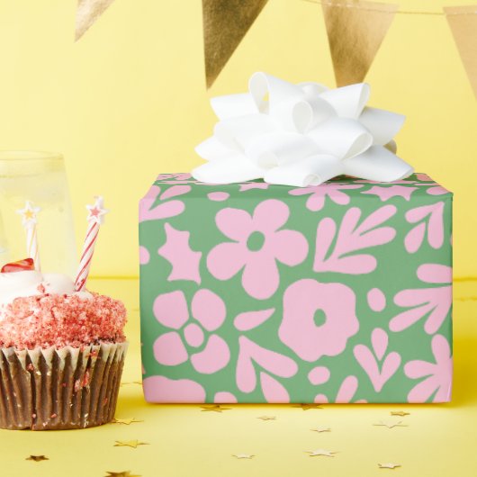 Moderne Abstracte bloemen en bladeren groen roze Cadeaupapier (Verjaardagsfeest)