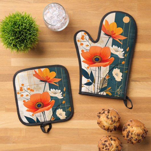 Moderne Abstracte bloemen in Sinaasappel en zwart Ovenwant & Pannenlap Set (Top down)