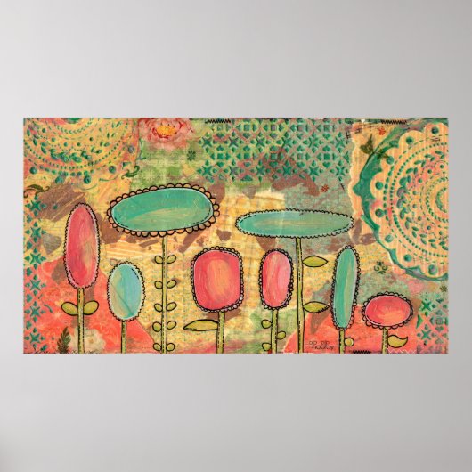 Moderne Abstracte Bloemen Mixed Media Schilderkuns Poster (Voorkant)