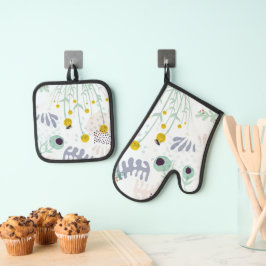 Moderne Abstracte Botanische Gele Billy Button Ovenwant & Pannenlap Set