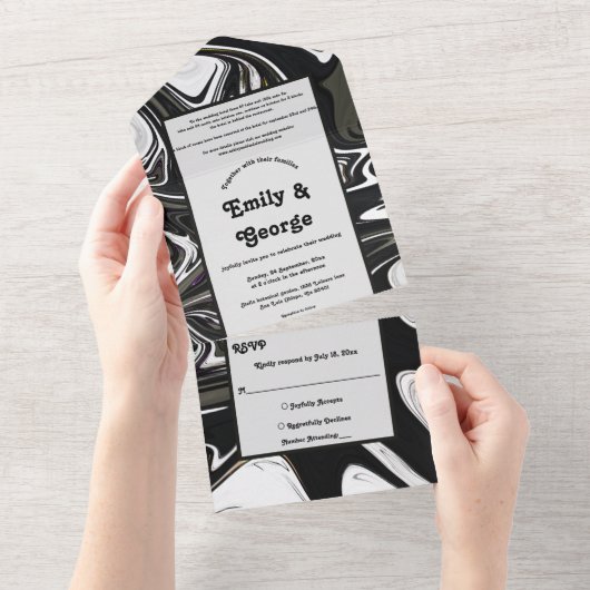 Moderne Abstracte bruiloft in zwart-wit All In One Uitnodiging (Afscheurbaar)