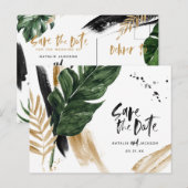 Moderne, abstracte bruiloft met tropische waanzin, aankondigingskaart (Voorkant / Achterkant)