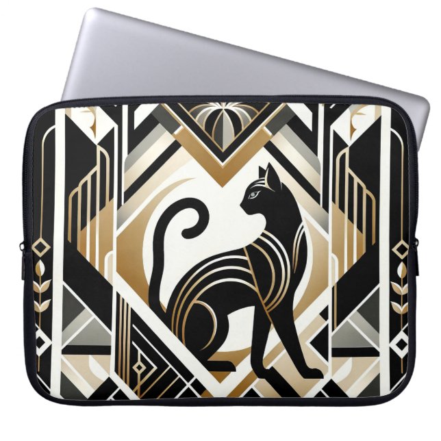 Moderne Abstracte decoratieve zwarte kat laptophoe Laptop Sleeve (Voorkant)