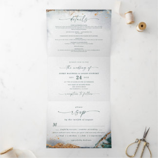 Moderne Abstracte Eucalyptus Green Budget Huwelijk Drieluik Uitnodiging