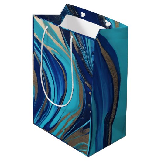 Moderne Abstracte Flow Art-Blue en Gold- Medium Cadeauzakje (Achterkant Gekanteld)