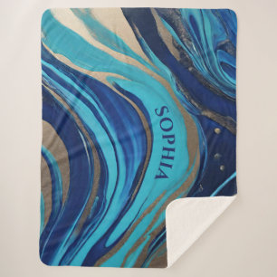 Moderne Abstracte Flow Art-Blue en Gold- Sherpa Deken