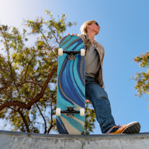 Moderne Abstracte Flow Art-Blue en Gold- Skateboard