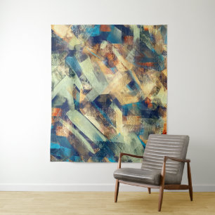 Moderne Abstracte Gele Blauwe Kwaststreken Kunst Wandkleed