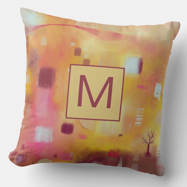 Moderne Abstracte Gele Monogram Kussen (Monogram initial personalized yellow ochre a abstract art throw pillow)