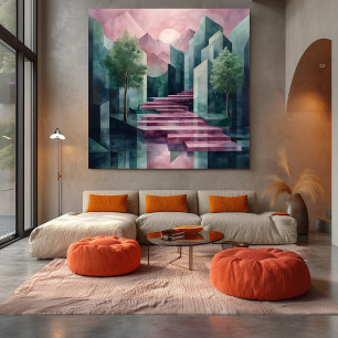 Moderne Abstracte Geometrische Landschap Roze & Gr Canvas Afdruk