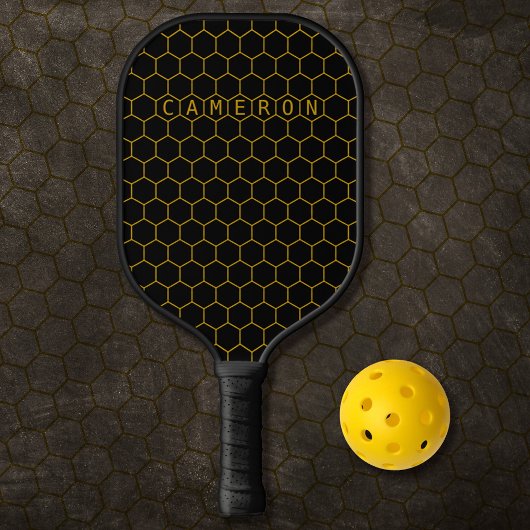 Moderne Abstracte Gold Honeycomb Pattern Zwarte na Pickleball Paddle