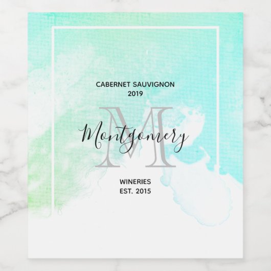 Moderne Abstracte Groene & Blauwe Waterverf wijnma Wijn Etiket (Enkel label)