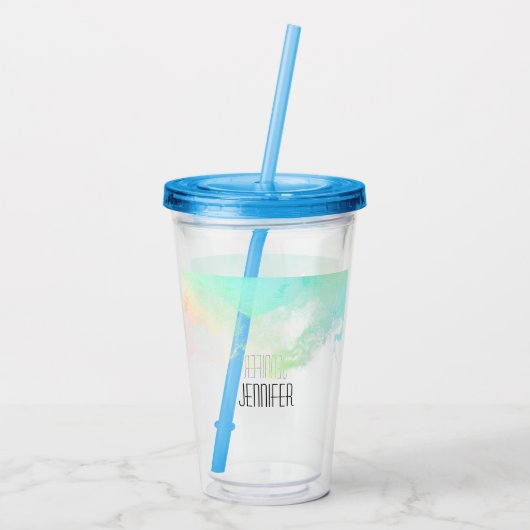 Moderne Abstracte groene en blauwe Waterverf zwemm Acryl Drinkbeker (Achterkant)