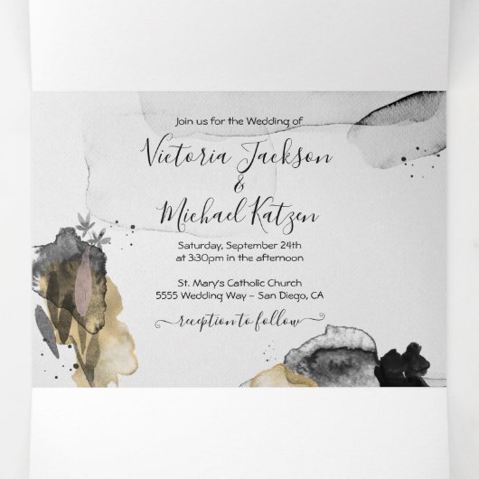 Moderne Abstracte Japanse penseelstreken bruiloft Drieluik Uitnodiging (Binnenkant midden)