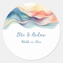 Moderne Abstracte Kleur Wave Blauw Wit Bruiloft Ronde Sticker