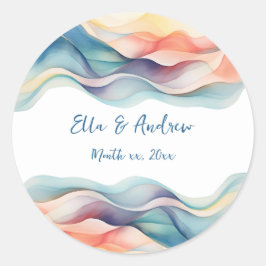 Moderne Abstracte Kleur Wave Blauw Wit Bruiloft Ronde Sticker