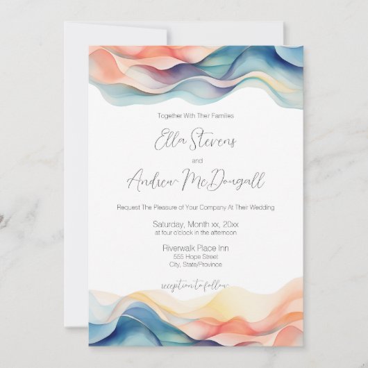 Moderne Abstracte Kleur Wave Blauwe Bruiloft Kaart (Voorkant)