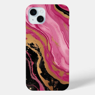 Moderne abstracte magenta roze goud glitters zwart iPhone 15 mini hoesje
