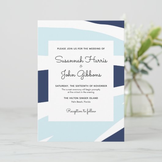 Moderne Abstracte marine en lichte blauwe bruiloft Kaart (Staand voorkant)