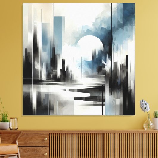 Moderne Abstracte nacht City-Black Wit en blauw Canvas Afdruk (Insitu (Woonkamer))