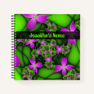 Moderne Abstracte Neon Pink Green Art Flowers Naam Notitieboek