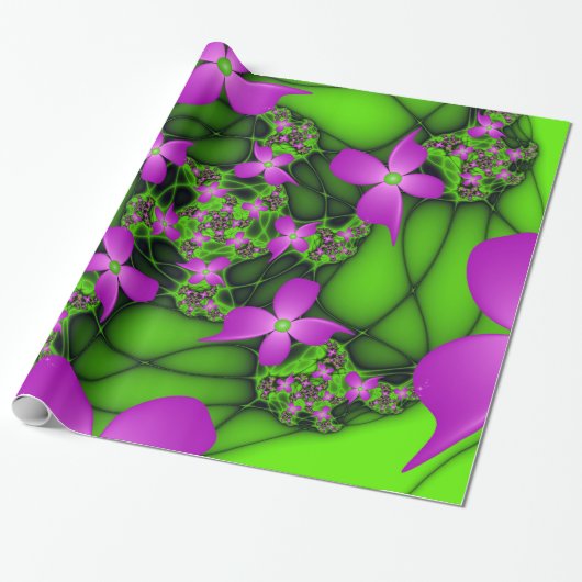Moderne Abstracte Neon Pink Green Fractal Flowers Cadeaupapier (Uitgerold)