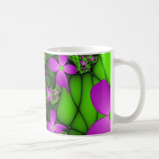 Moderne Abstracte Neon Pink Green Fractal Flowers Koffiemok (Rechts)