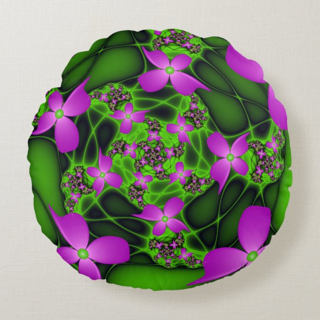 Moderne Abstracte Neon Pink Green Fractal Flowers Rond Kussen (Voorkant)