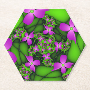Moderne Abstracte Neon Roze Groene Fractale Bloeme Kartonnen Onderzetters