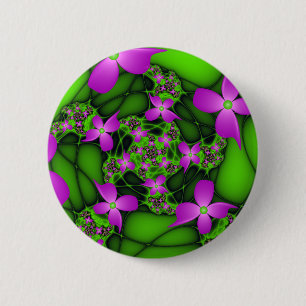 Moderne Abstracte Neon Roze Groene Fractale Bloeme Ronde Button 5,7 Cm