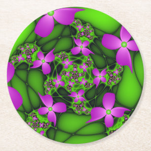 Moderne Abstracte Neon Roze Groene Fractale Bloeme Ronde Kartonnen Onderzetter