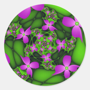 Moderne Abstracte Neon Roze Groene Fractale Bloeme Ronde Sticker