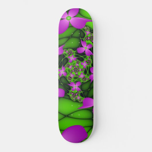 Moderne Abstracte Neon Roze Groene Fractale Bloeme Skateboard (Voorkant)