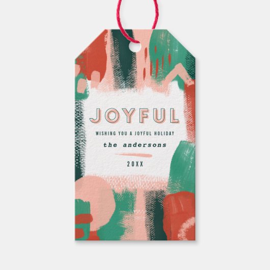 Moderne abstracte rode afbeelding, roze + groene v cadeaulabel (Voorkant)