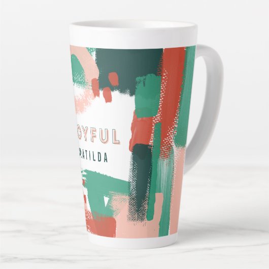 Moderne abstracte rode afbeelding, roze + groene v latte mok (Rechterhoek)