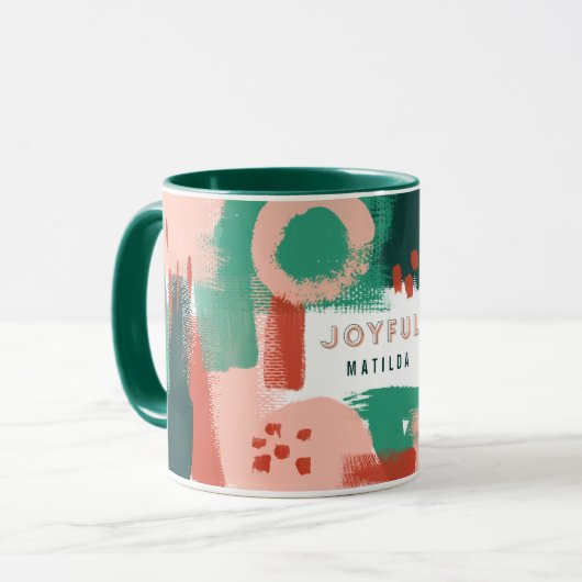 Moderne abstracte rode afbeelding, roze + groene v mok (Voorkant links)