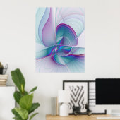 Moderne Abstracte roze blauwe turquoise Fractal Ar Poster (Thuiskantoor)