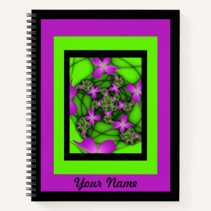Moderne Abstracte Roze Groene Fractal Flowers Naam Notitieboek