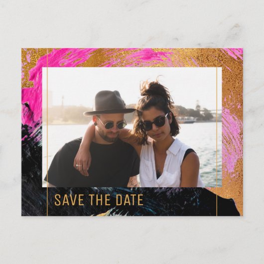 Moderne abstracte schildergouden scriptfotobruilof aankondigingskaart (Voorkant)