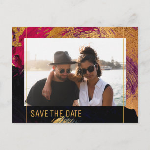 Moderne abstracte schildergouden scriptfotobruilof aankondigingskaart