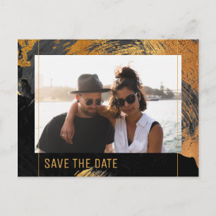 Moderne abstracte schildergouden scriptfotobruilof aankondigingskaart